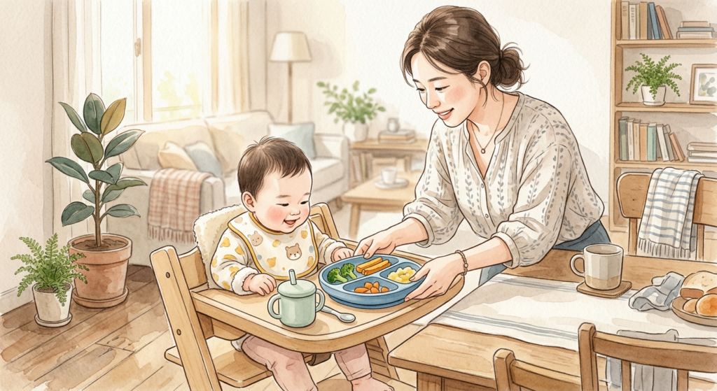 자기주도이유식 준비물을 정리하는 장면 일러스트