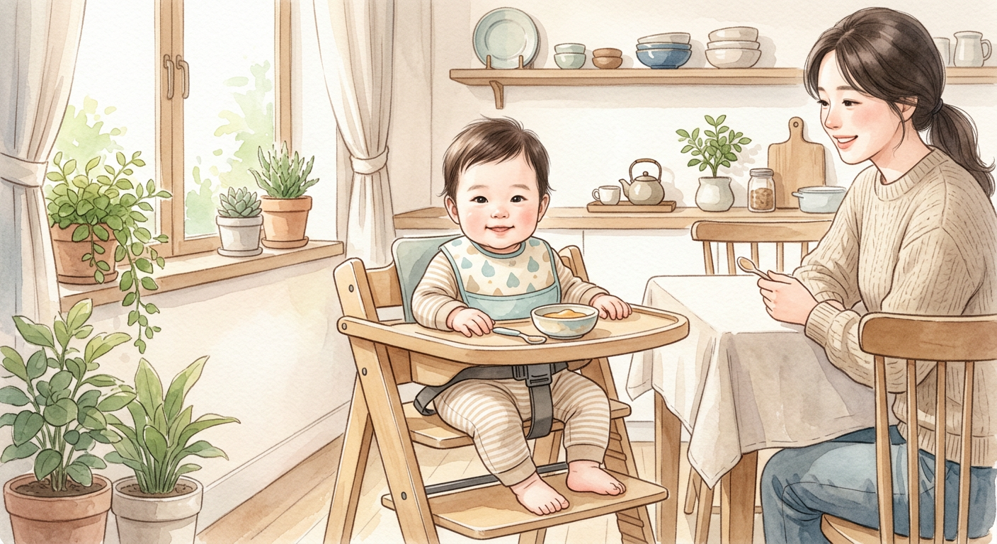 자기주도이유식 식탁의자와 올바른 자세를 보여주는 일러스트