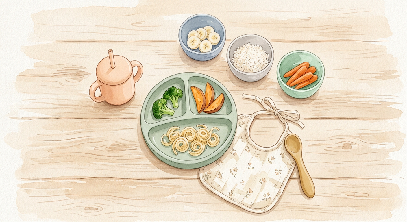 자기주도이유식 기본 식기와 먹기 도구 구성 일러스트