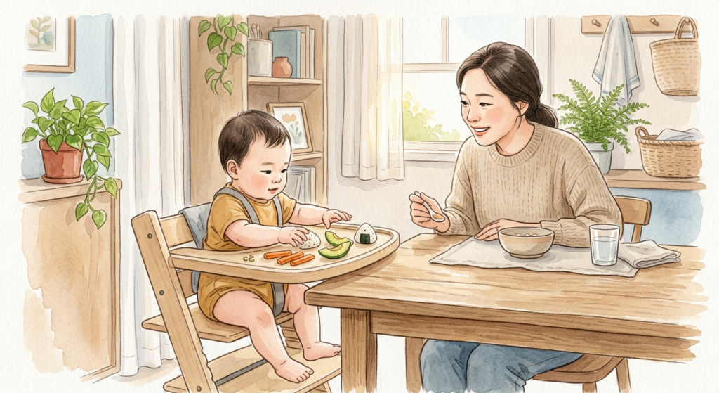 아기와 보호자가 자기주도이유식을 시작하는 장면 일러스트