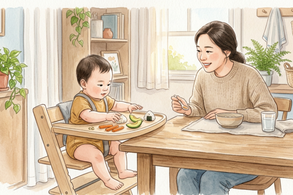 아기와 보호자가 자기주도이유식을 시작하는 장면 일러스트