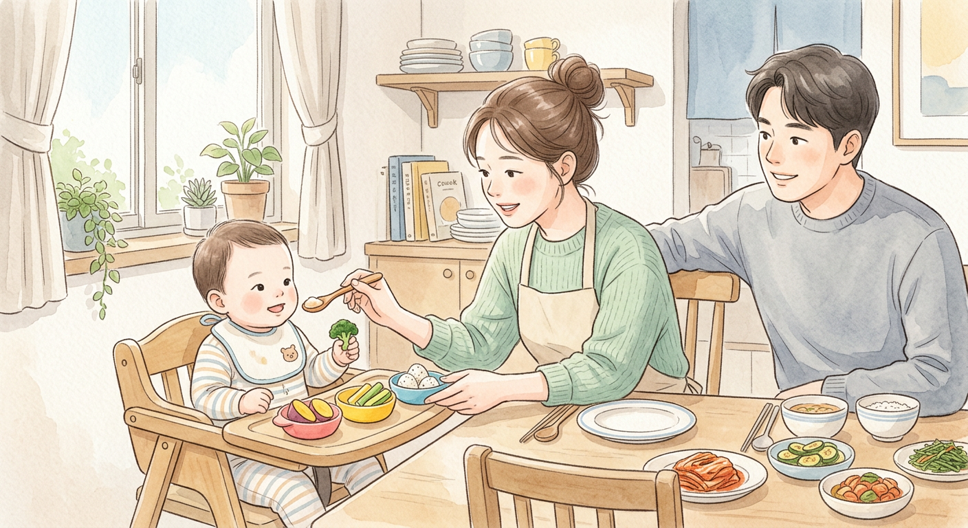 자기주도이유식과 일반 이유식을 병행하는 장면 일러스트