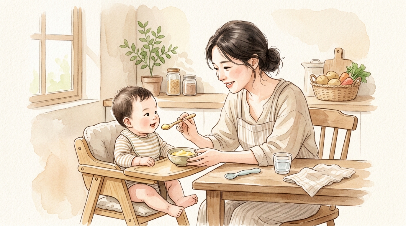 감자 이유식을 시작할 준비 신호를 살피는 부모와 아기 장면 일러스트