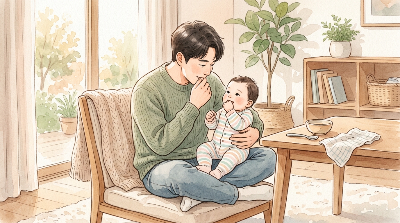 아기 이유식 준비 신호를 살피는 부모의 체크 장면 일러스트