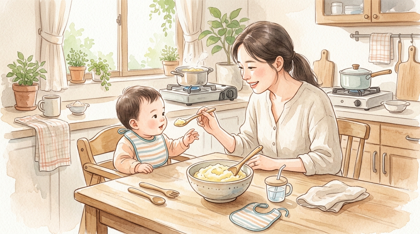 아기 이유식용으로 삶은 감자를 준비한 따뜻한 수채화 일러스트