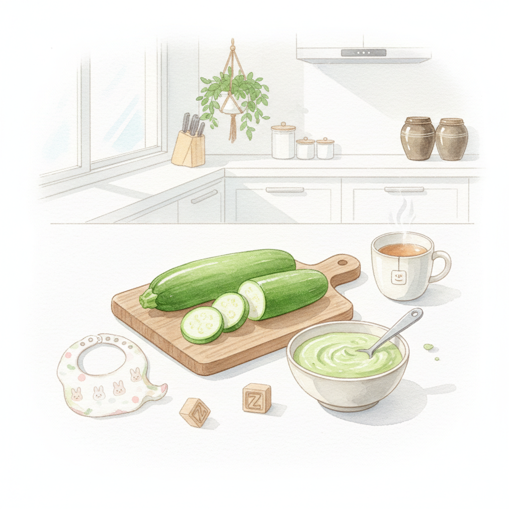 아기 이유식용 애호박 퓨레와 따뜻한 주방 분위기를 담은 일러스트