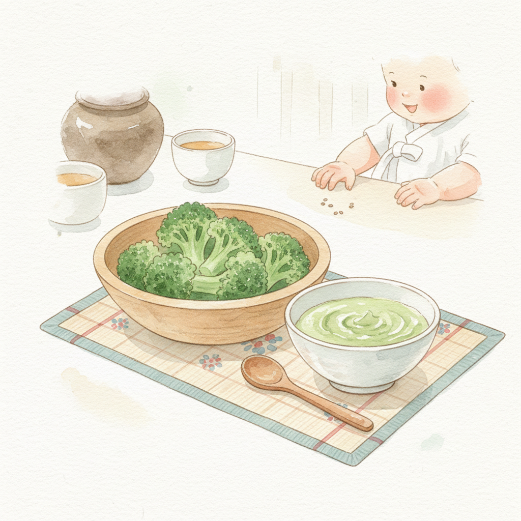 아기 이유식용 브로콜리 퓨레와 따뜻한 주방 분위기를 담은 일러스트