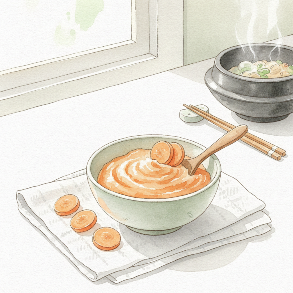 아기 이유식용 당근 퓨레와 따뜻한 주방 분위기를 담은 일러스트