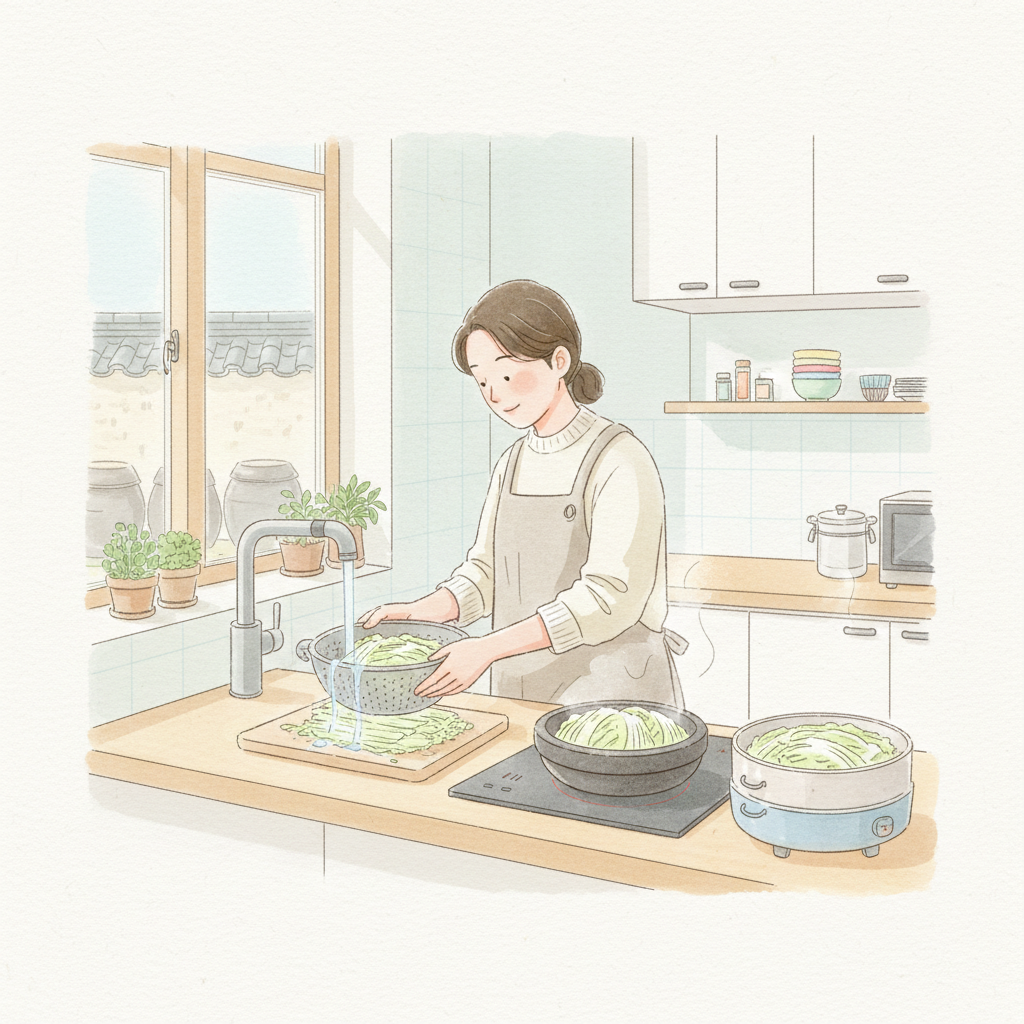 부모가 양배추를 손질하고 찌는 이유식 준비 장면 일러스트