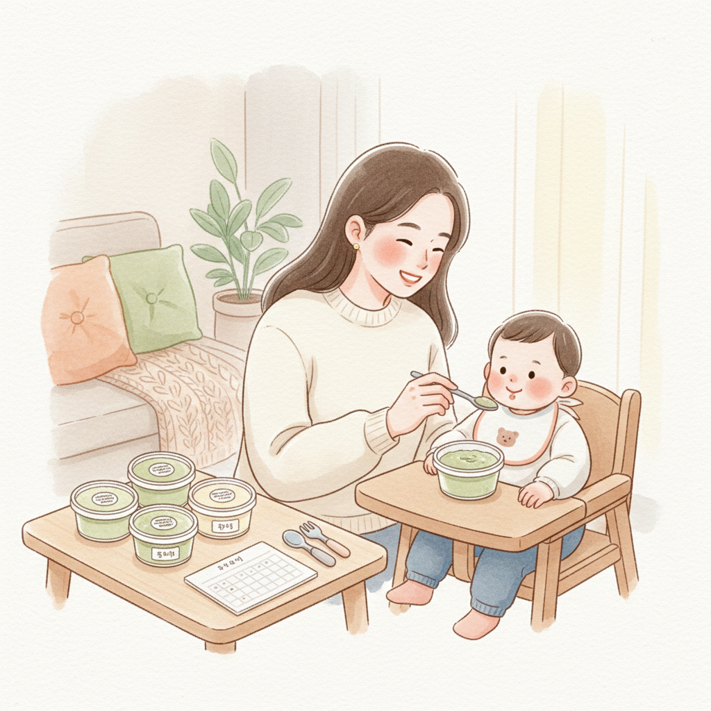 아기에게 양배추 퓨레를 먹이며 소분 보관 팁을 떠올리게 하는 일러스트