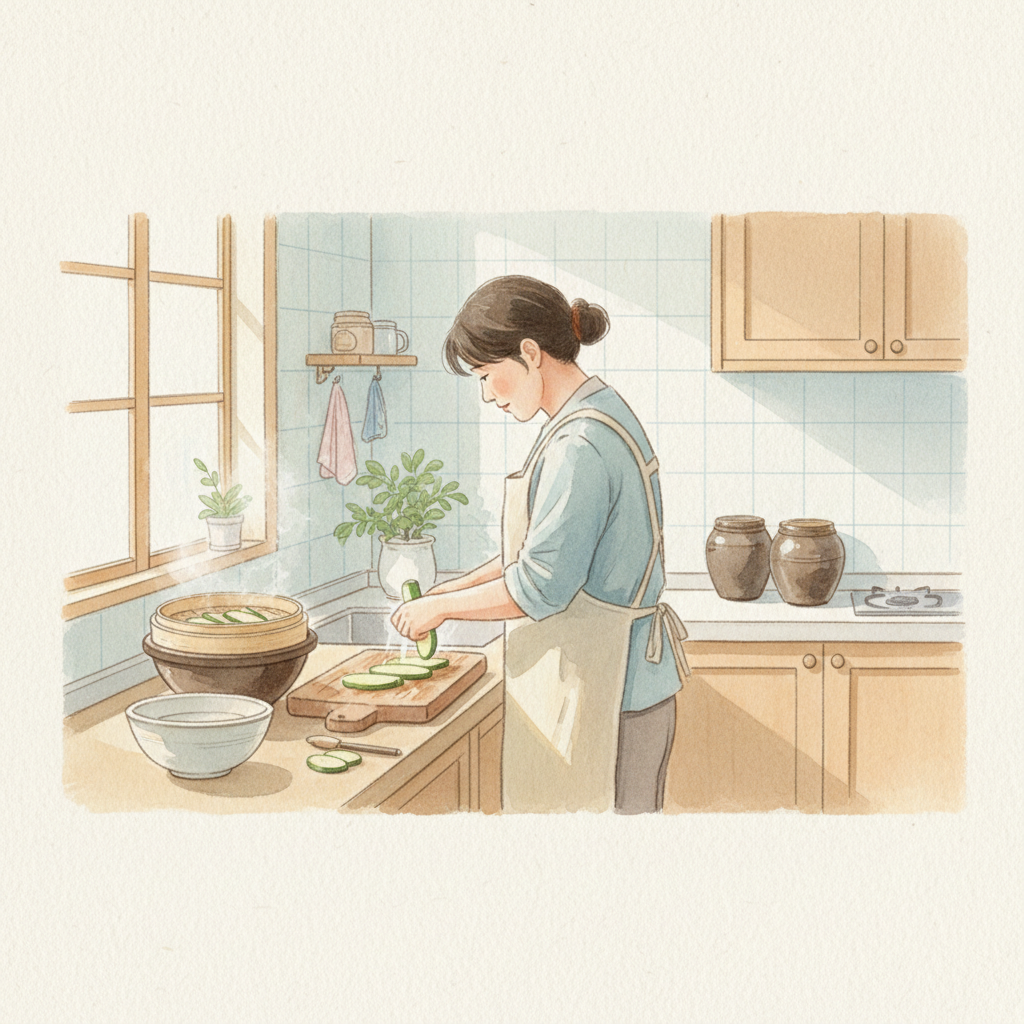 부모가 애호박을 손질하고 찌는 이유식 준비 장면 일러스트