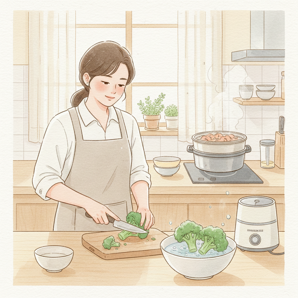 부모가 브로콜리를 손질하고 찌는 이유식 준비 장면 일러스트