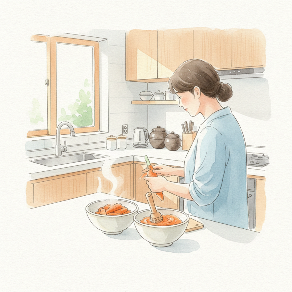 부모가 당근을 손질하고 찌는 이유식 준비 장면 일러스트