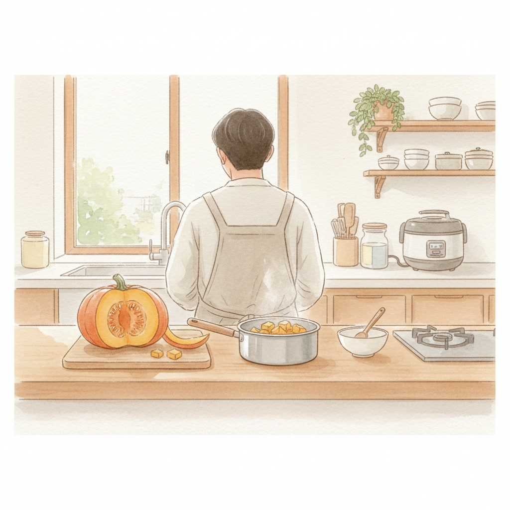 부모가 단호박을 손질하고 찌는 이유식 준비 장면 일러스트