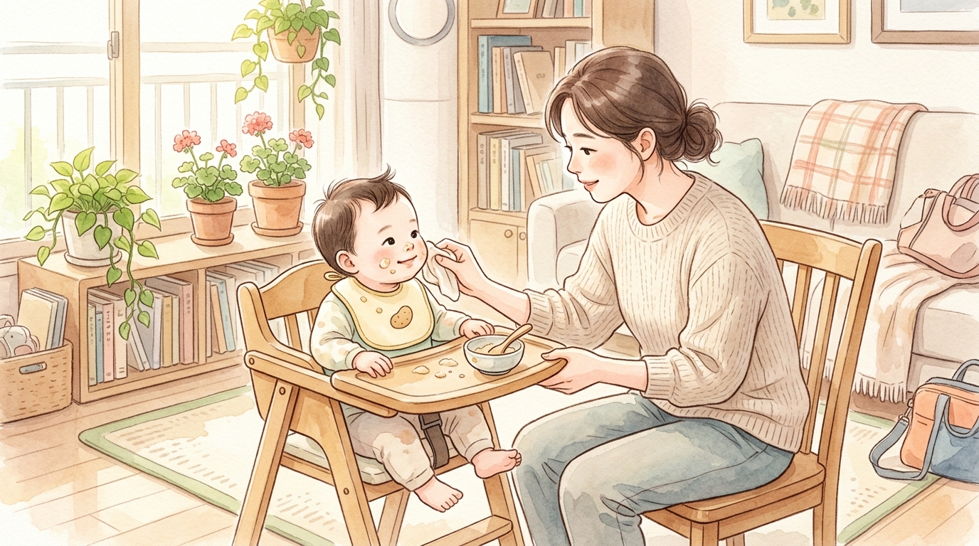 감자 이유식 후 아기 반응을 차분히 살피는 부모의 따뜻한 장면 일러스트