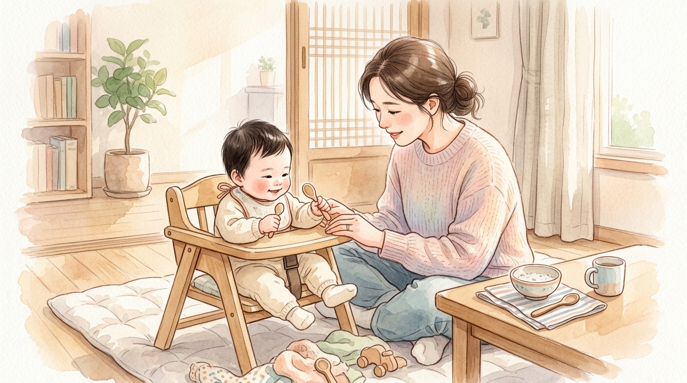 첫 쌀 이유식 후 아기 반응을 차분히 관찰하는 부모의 장면 일러스트