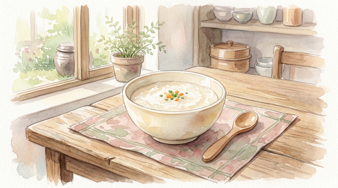 부드러운 쌀미음 한 그릇을 따뜻하게 표현한 수채화 일러스트