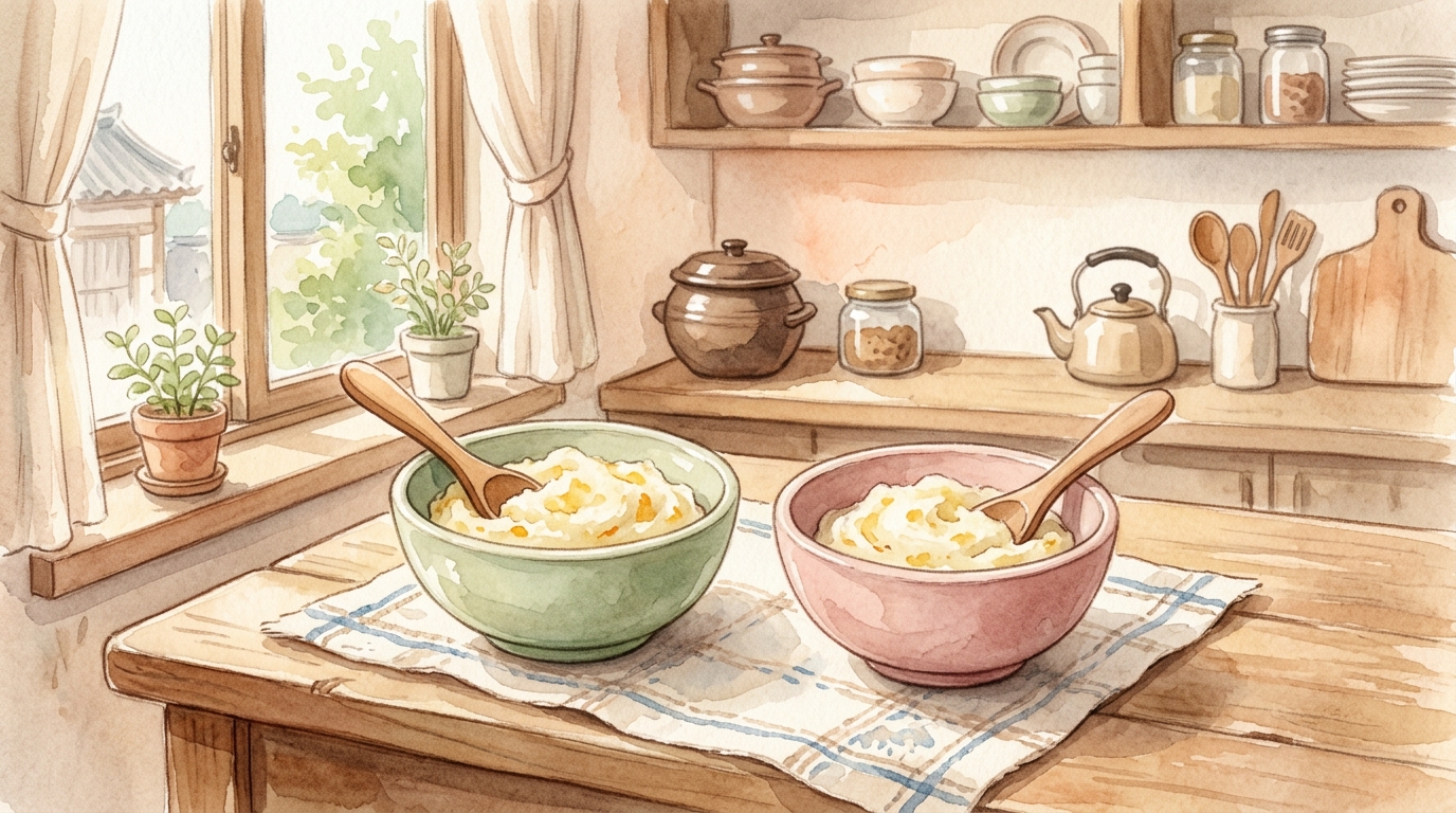 초기 이유식용 부드러운 감자 퓌레를 소량으로 준비한 아기 식기 구성 일러스트