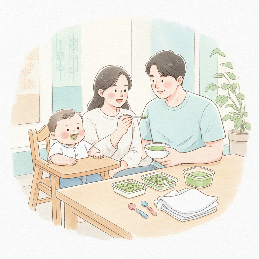 아기에게 애호박 퓨레를 먹이며 소분 보관 팁을 떠올리게 하는 일러스트