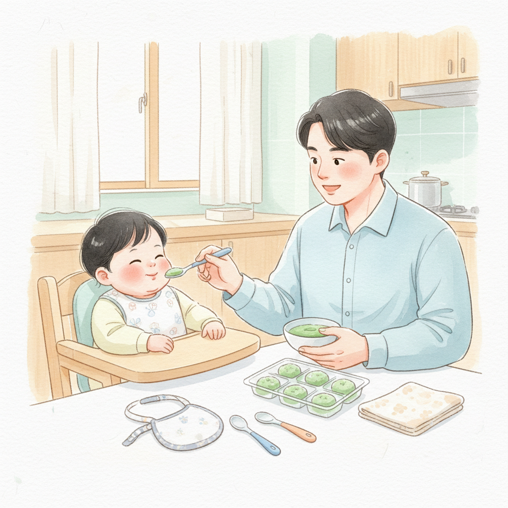 아기에게 브로콜리 퓨레를 먹이며 소분 보관 팁을 떠올리게 하는 일러스트