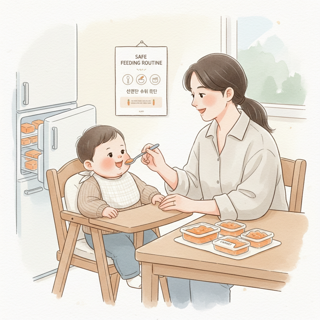 아기에게 당근 퓨레를 먹이며 소분 보관 팁을 떠올리게 하는 일러스트