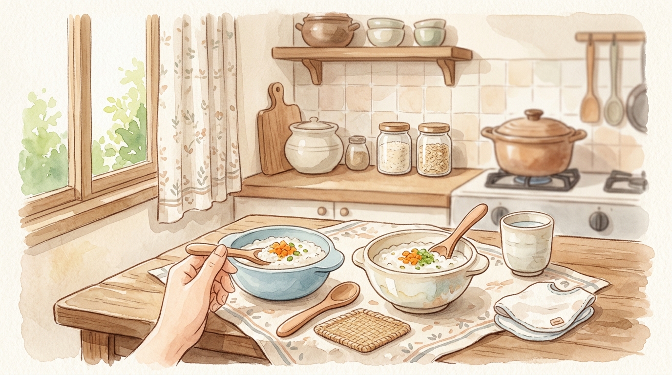 초기 이유식을 위해 소량의 쌀미음을 준비한 아기 식기 구성 일러스트