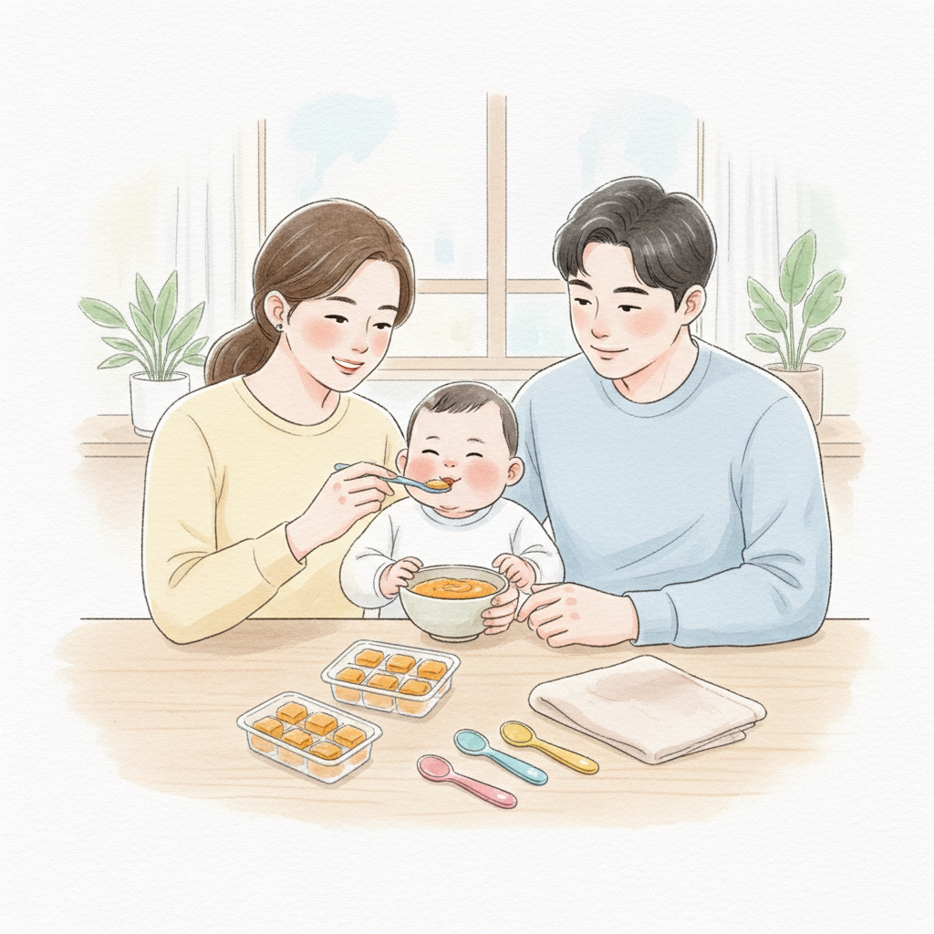 아기에게 단호박 퓨레를 먹이며 소분 보관 팁을 떠올리게 하는 일러스트