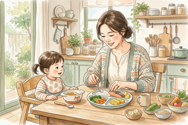 돌아기 식단을 준비하는 부모와 식사 장면 일러스트