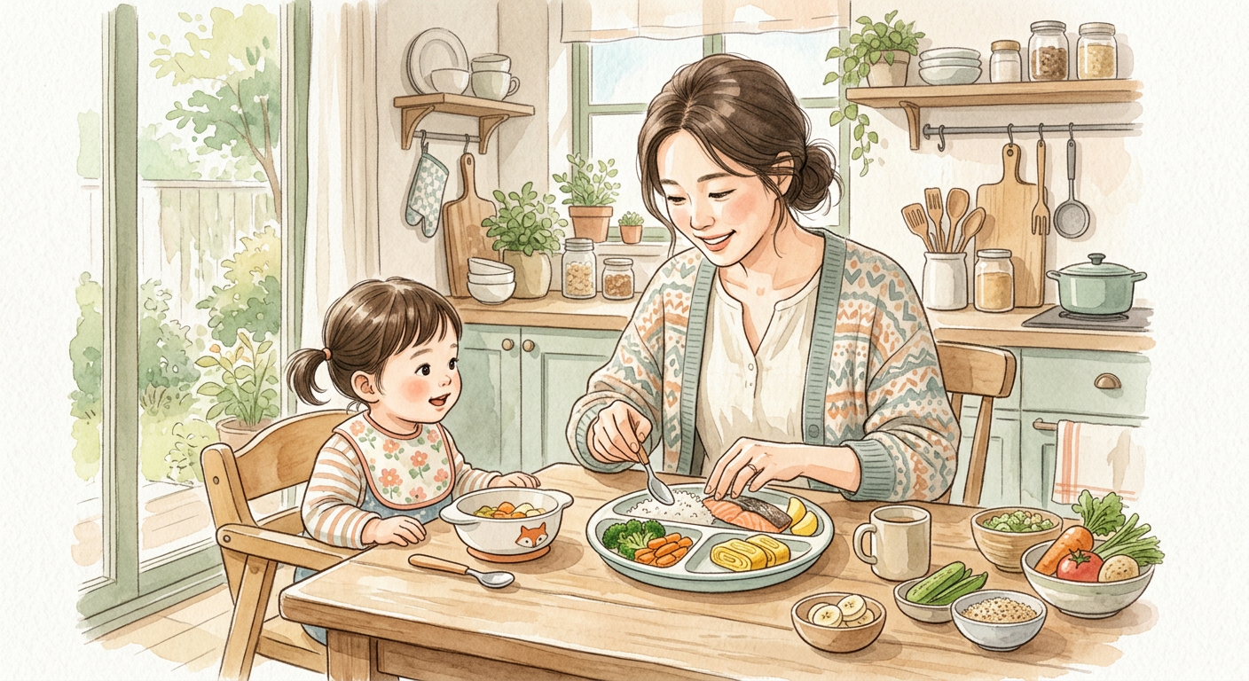 돌아기 식단을 준비하는 부모와 식사 장면 일러스트