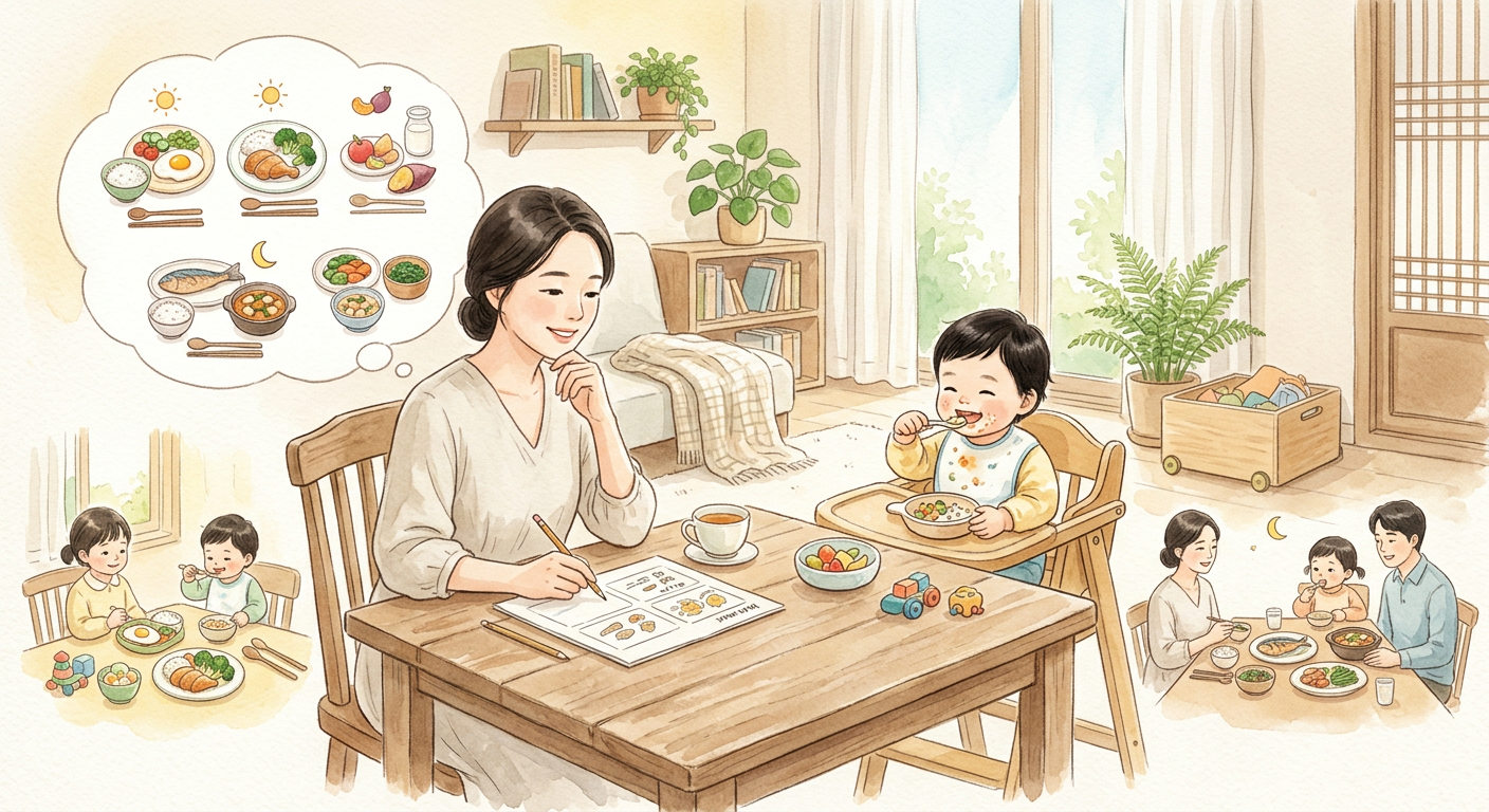 돌아기 식단의 하루 균형을 생각하는 장면 일러스트