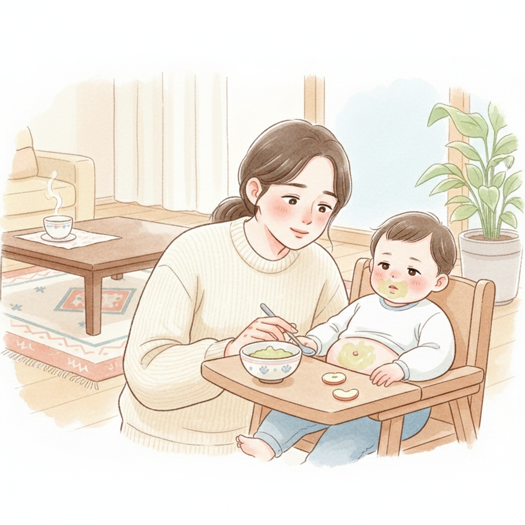 아기에게 사과 이유식을 먹인 뒤 반응을 살피는 보호자 장면 일러스트