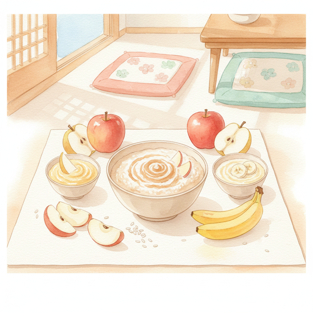 사과 퓌레와 쌀미음 배 바나나 조합을 떠올리게 하는 일러스트