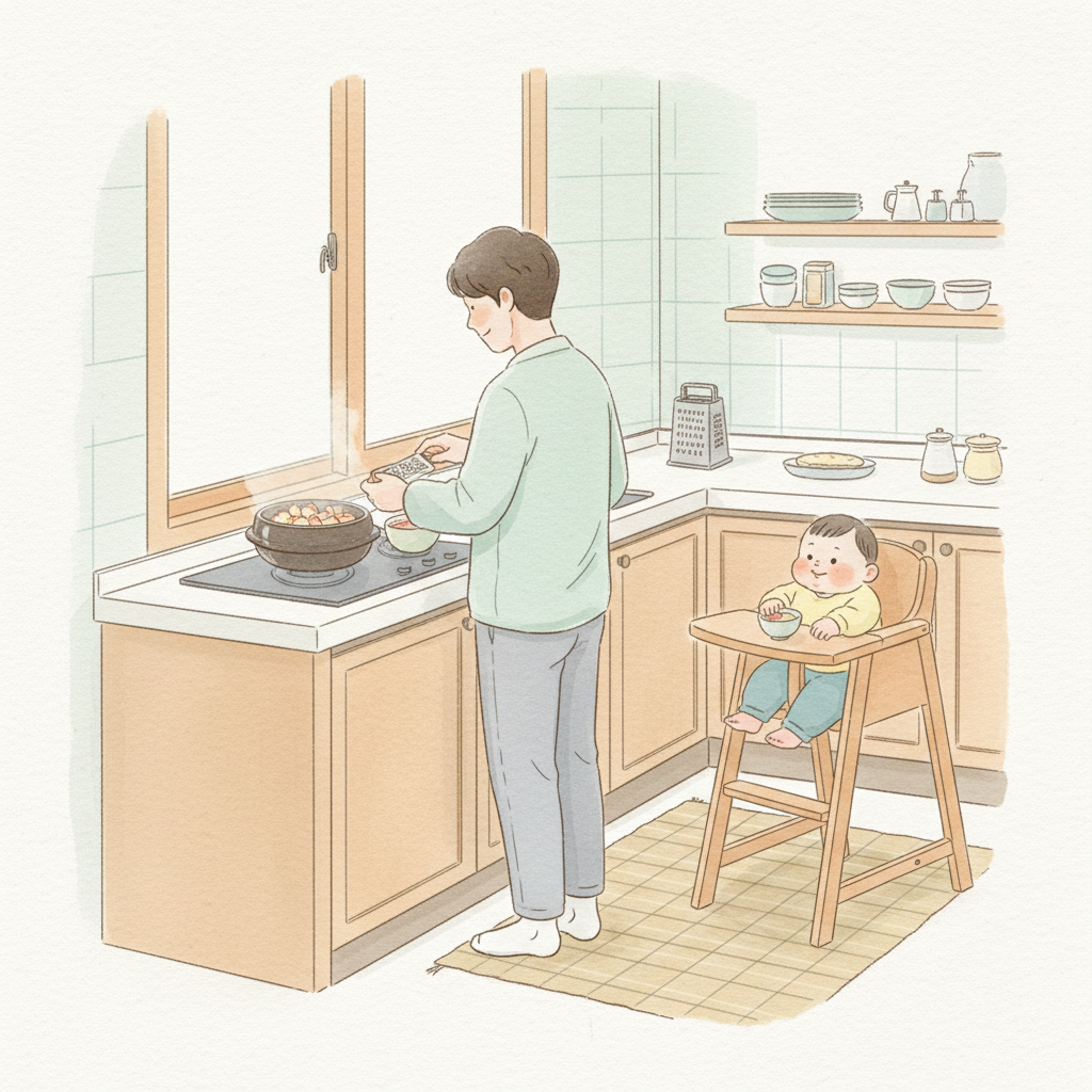 부모가 사과를 익혀 아기 이유식용 퓨레를 준비하는 장면 일러스트