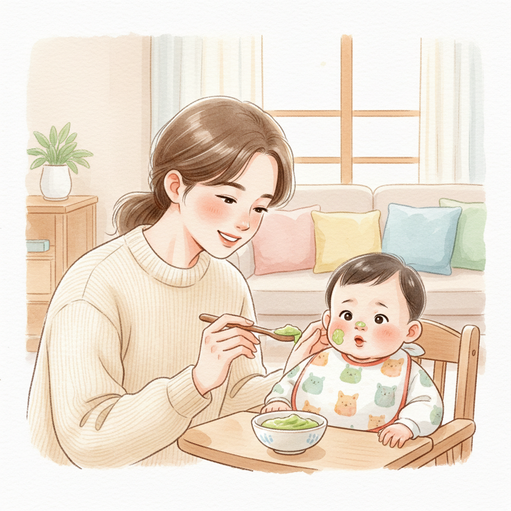 아기에게 아보카도 이유식을 먹인 뒤 반응을 살피는 보호자 장면 일러스트