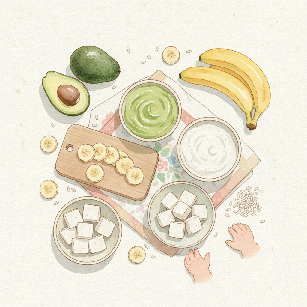 아보카도 퓌레와 쌀미음 바나나 두부 조합을 떠올리게 하는 일러스트