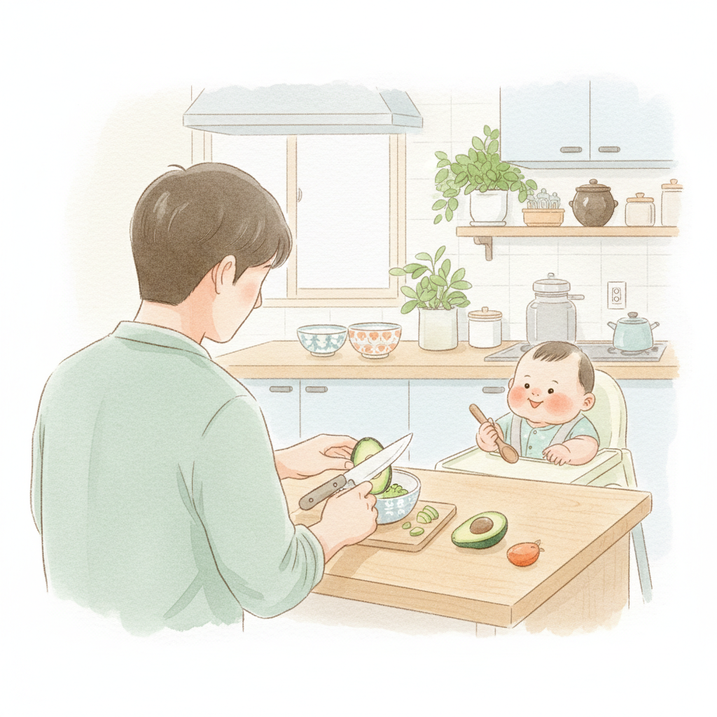 부모가 잘 익은 아보카도를 잘라 아기 이유식용으로 으깨는 장면 일러스트