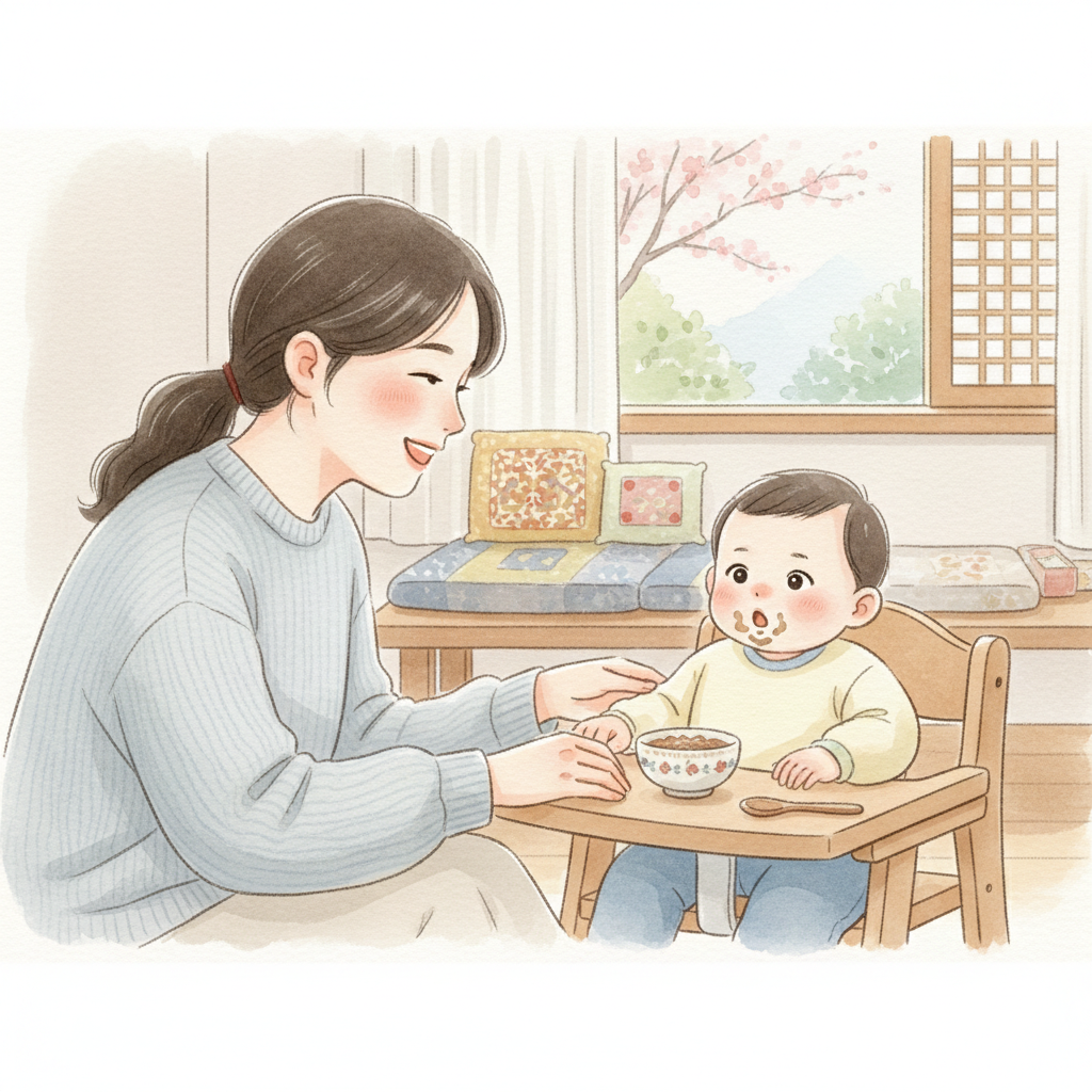 아기에게 소고기 이유식을 먹인 뒤 반응을 관찰하는 보호자 장면 일러스트