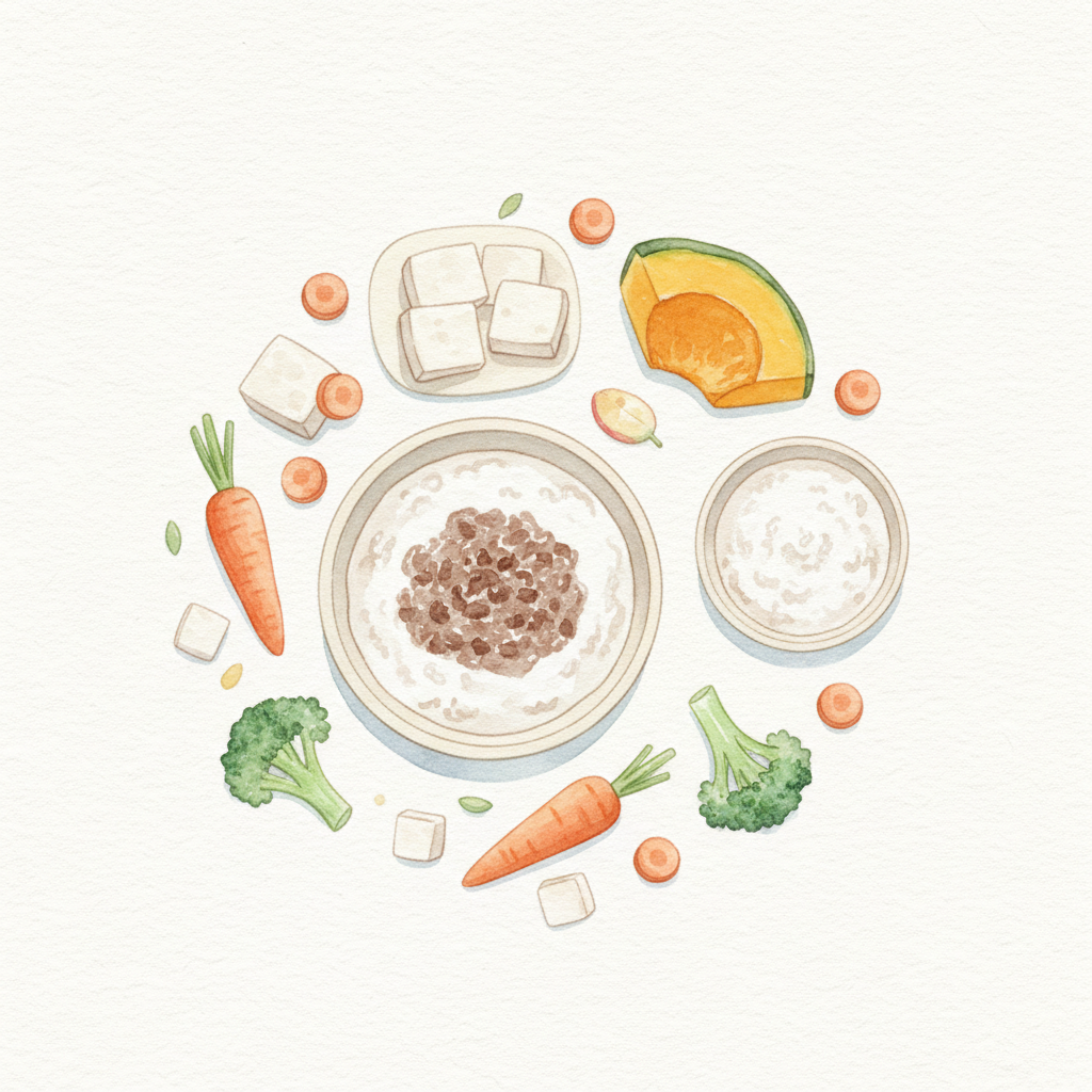 소고기 이유식과 쌀미음 두부 단호박 조합을 떠올리게 하는 일러스트