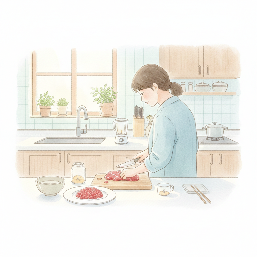 부모가 이유식용 소고기를 손질하고 준비하는 장면 일러스트