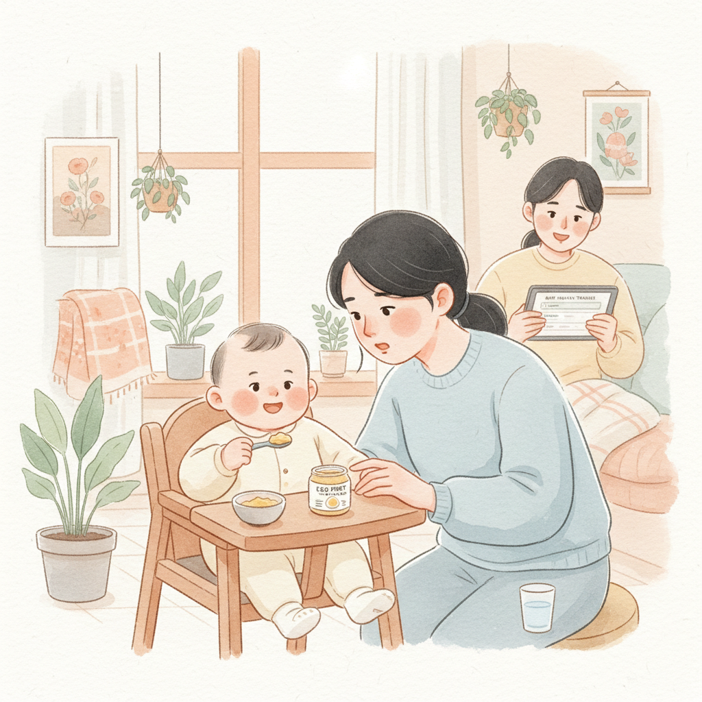 아기에게 계란 이유식을 먹이며 반응을 관찰하는 보호자 장면 일러스트