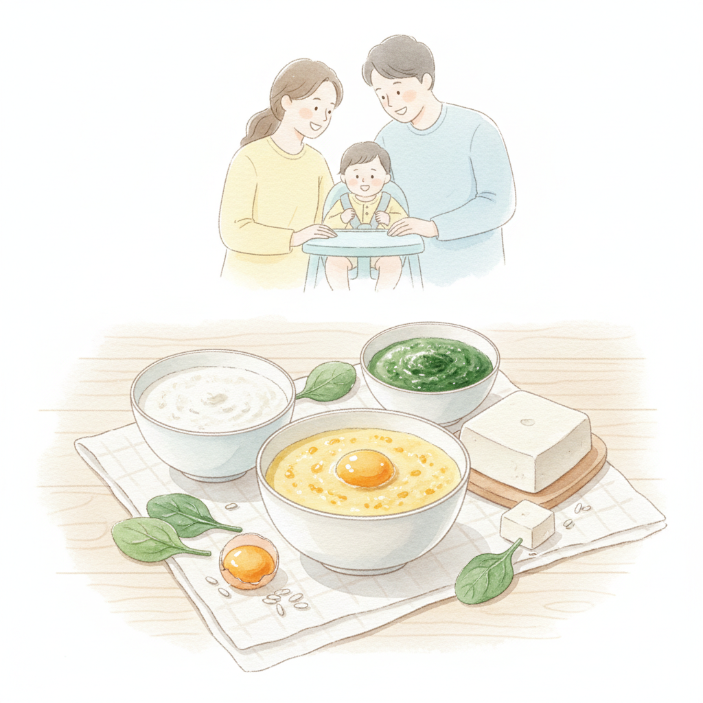계란 노른자 이유식과 쌀미음 두부 시금치 조합을 떠올리게 하는 일러스트