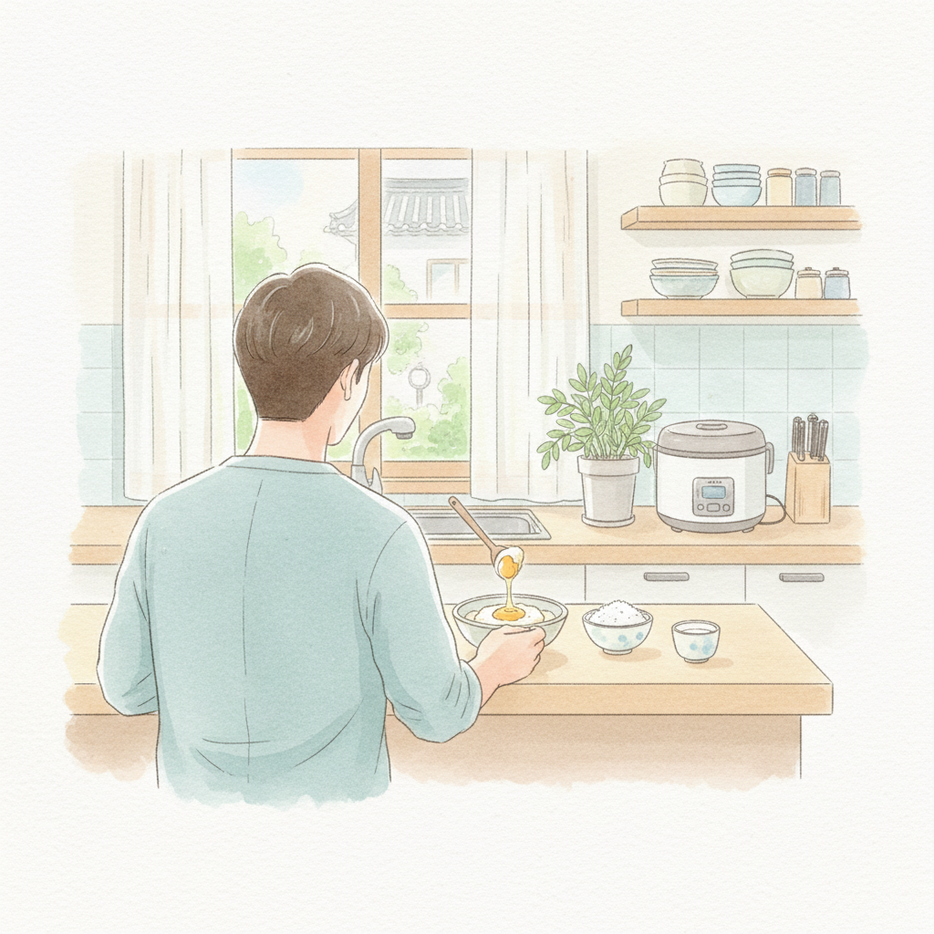 부모가 완숙 계란을 준비해 아기 이유식용으로 으깨는 장면 일러스트