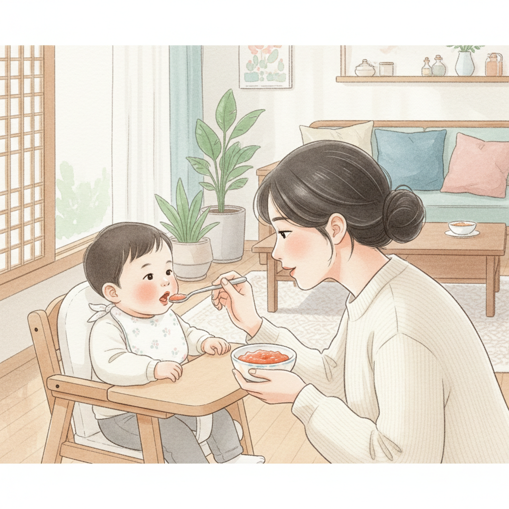 아기에게 연어 이유식을 먹이며 반응을 관찰하는 보호자 장면 일러스트