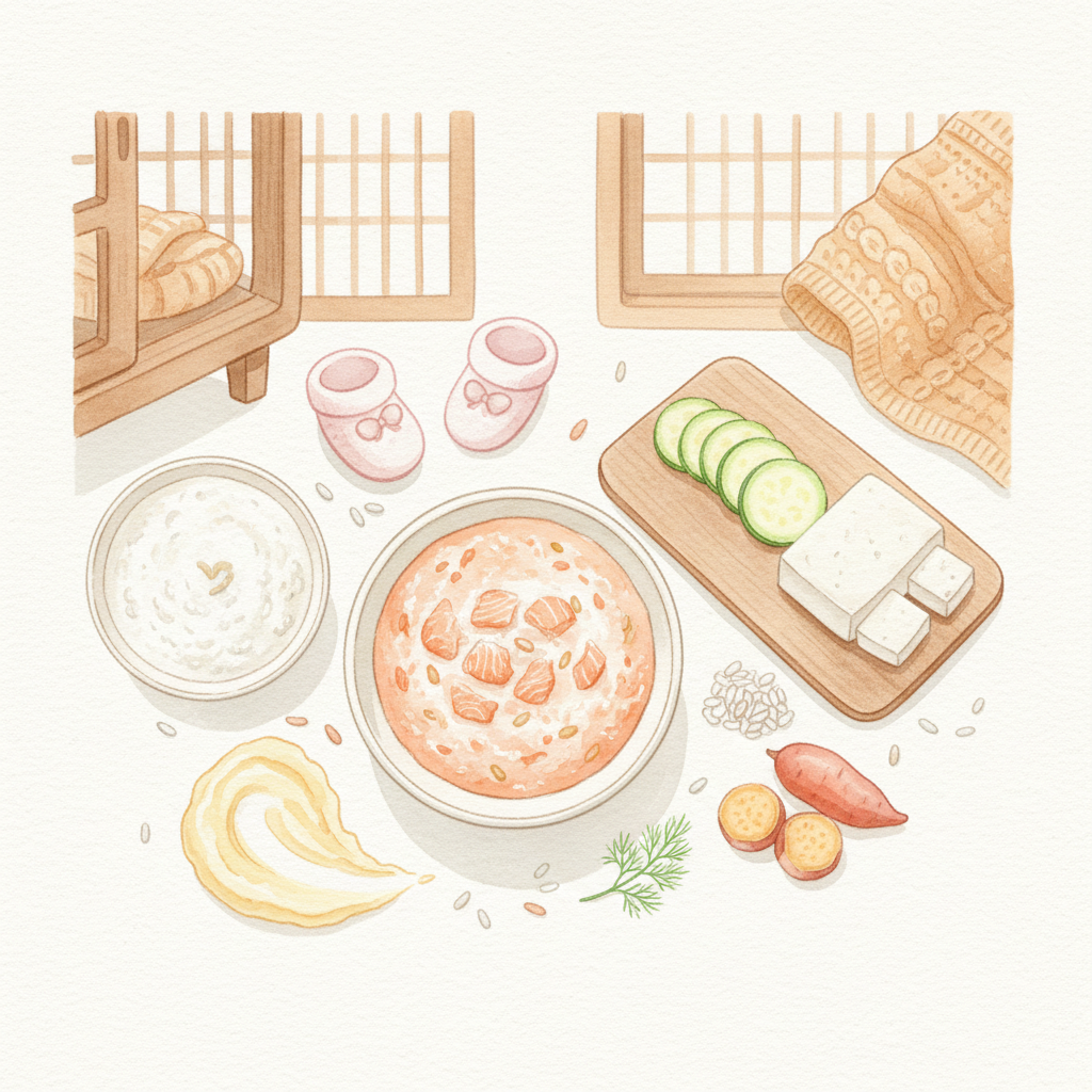 연어 이유식과 쌀죽 감자 애호박 두부 조합을 떠올리게 하는 일러스트