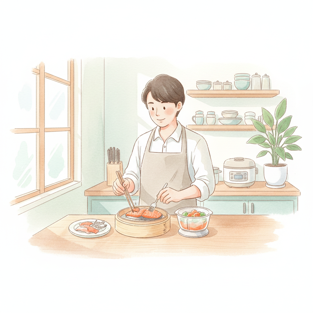 부모가 아기 이유식용 연어의 껍질과 뼈를 제거하며 손질하는 장면 일러스트