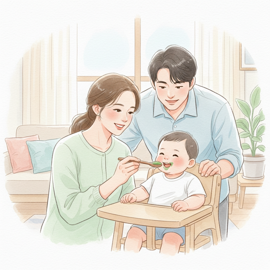 아기에게 시금치 이유식을 먹이며 반응을 관찰하는 보호자 장면 일러스트