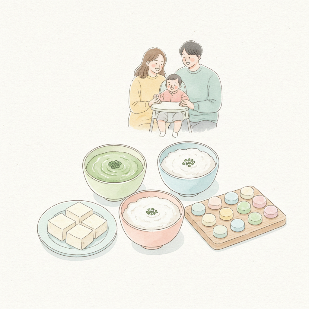 시금치 퓨레와 쌀미음 두부를 함께 떠올리게 하는 이유식 조합 일러스트