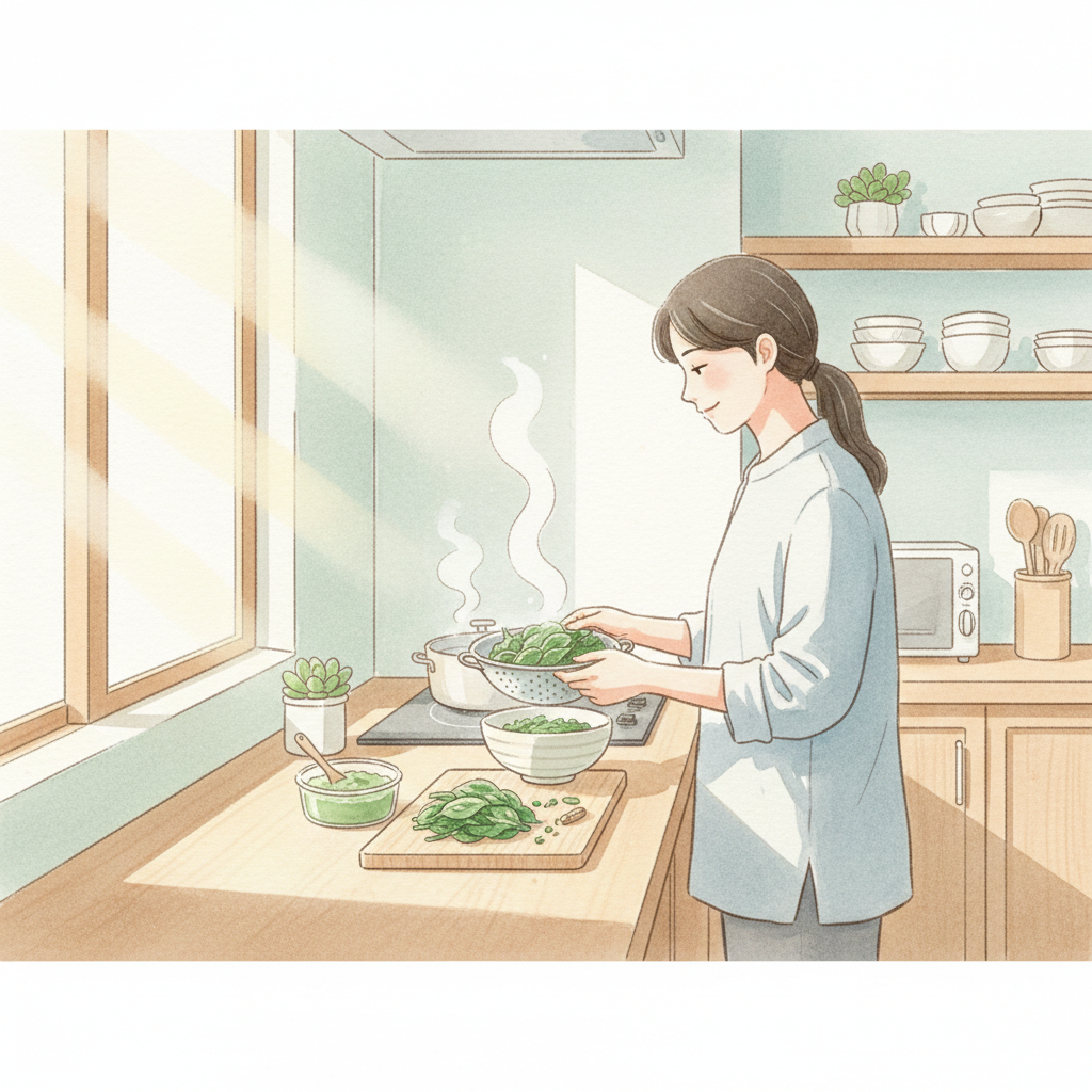 부모가 시금치를 데치고 손질하는 이유식 준비 장면 일러스트