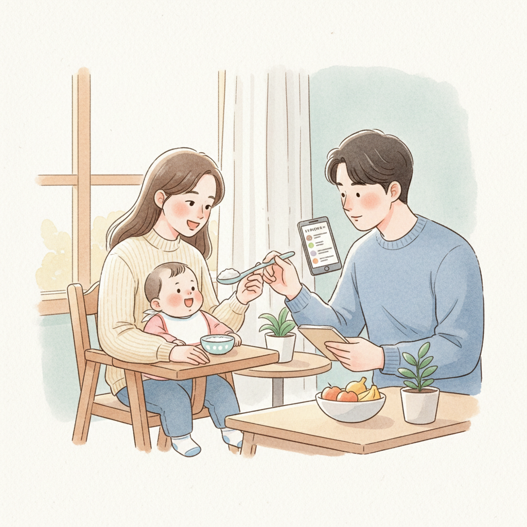 아기에게 두부 이유식을 먹이며 반응을 관찰하는 보호자 장면 일러스트
