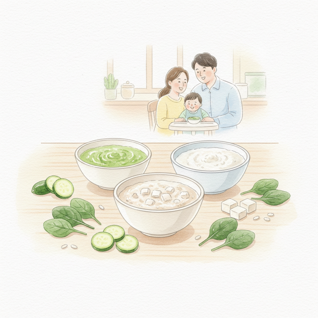 두부 이유식과 쌀미음 애호박 시금치 조합을 떠올리게 하는 일러스트